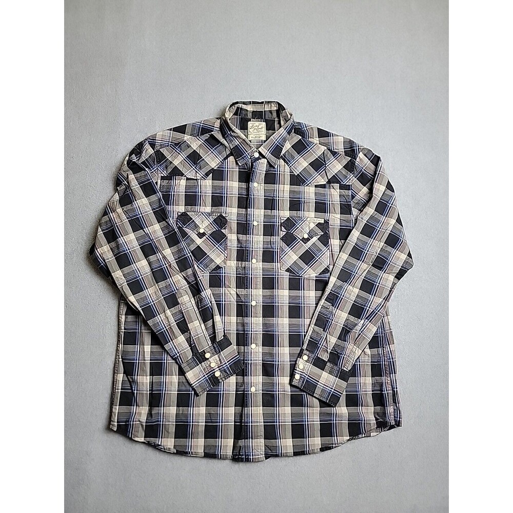 Lucky Brand Western Shirt Mens XL Blue Black Plaid Pearl Snap Cotton Long Sleeve